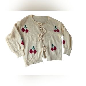 Super Soft & Fuzzy Yellow & Cherry Print Oversize Tie Front Cardigan Sweater SzM